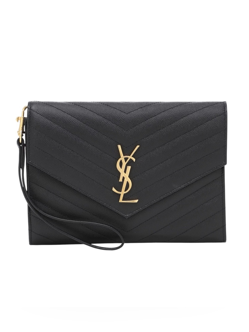 New Saint Laurent YSL Cassandre Wristlet Flap Pouch Black Grained Leather
